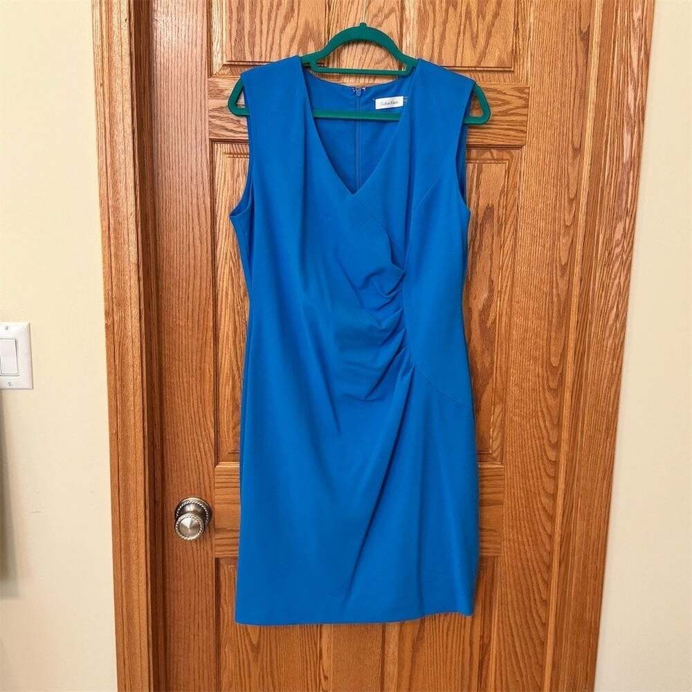 Calvin Klein Dress Womens Size 14 Blue Sleeveless V-Neck Ruched Sheath